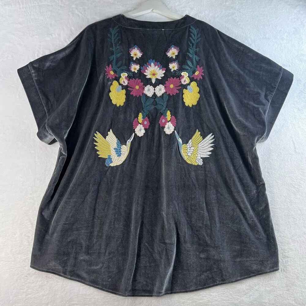 Entro XL Gray Velvet Kimono Bright Floral Embroidery Boho Bohemian Whimsigoth - Image 9
