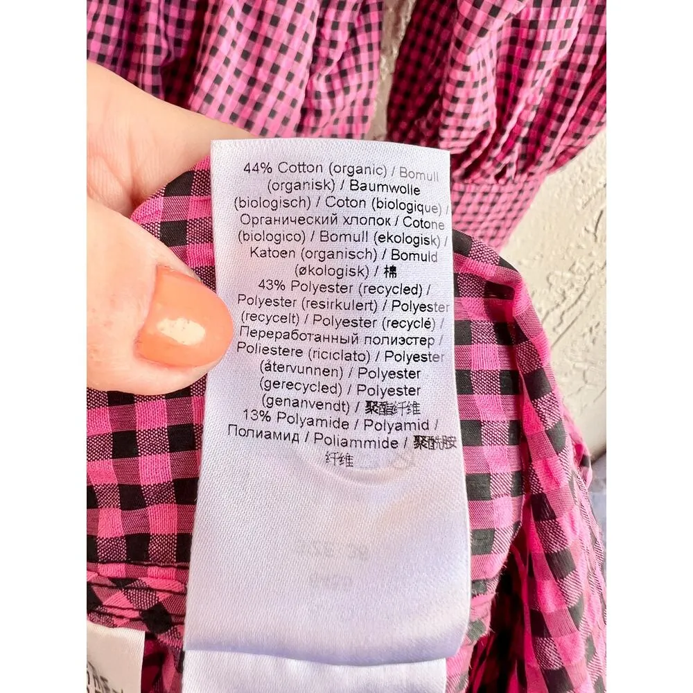 $400 Ganni Shirred Gingham Seersucker V-Neck Midi Dress Pink/Black Sz 36 / US 10 - Image 11