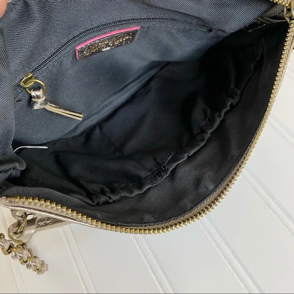 Elliot Lucca Messina silver metallic pewter leather 3 zip crossbody bag purse - Image 9