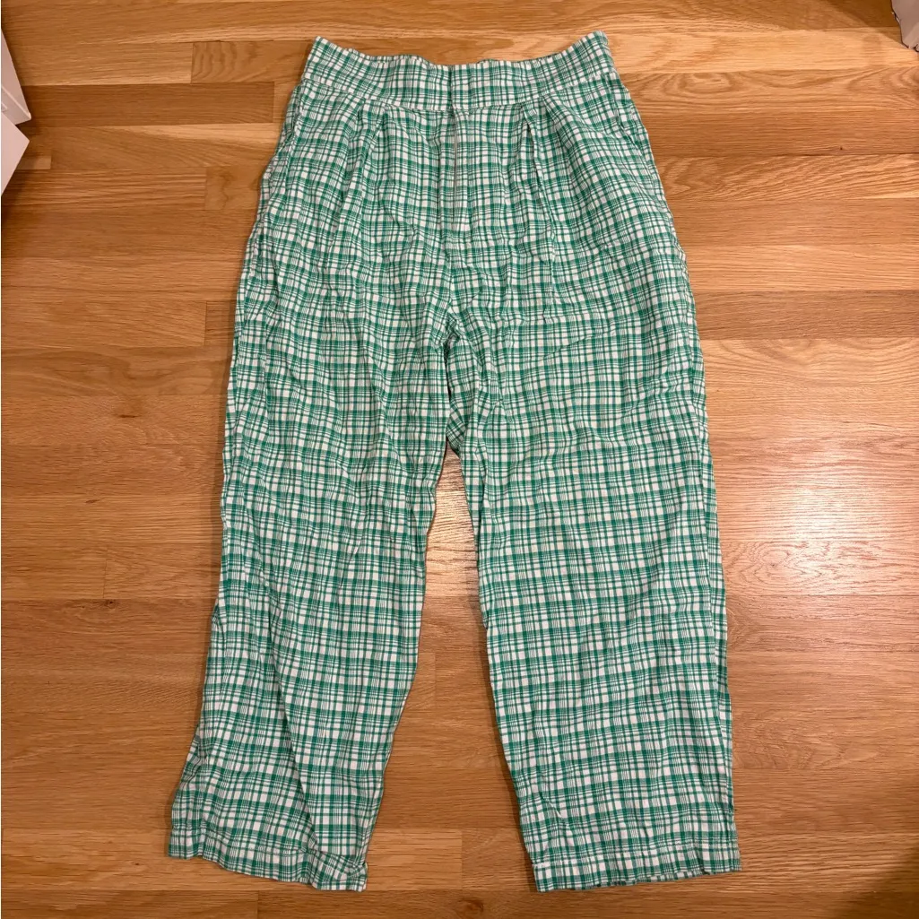 Urban Outfitters Paige Linen Blend Pleated Pant Bright Green Plaid Size Large - Image 4
