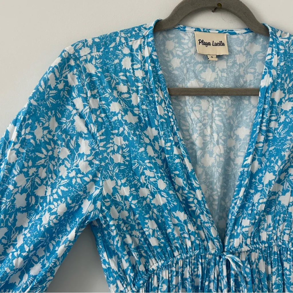 Playa Lucila Blue White Floral Long Sleeve Empire Tie Waist Open Duster Cover S - Image 6