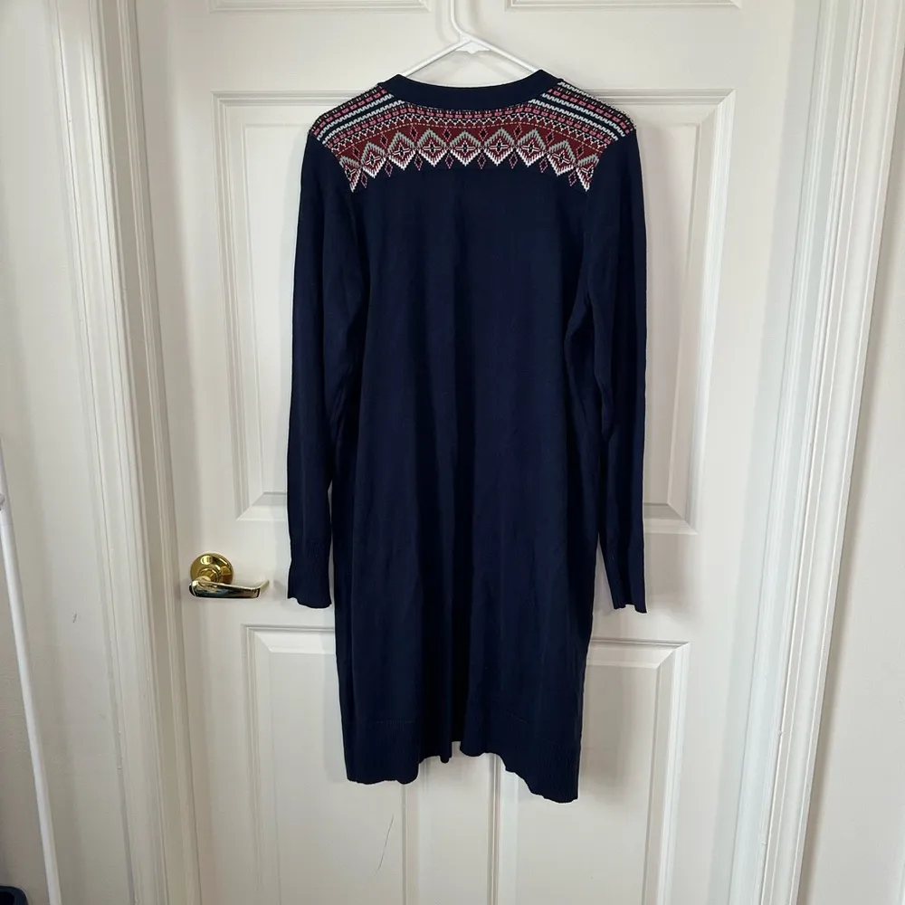 Denim & Co Navy Blue Open Front Cardigan Sweater Fair Isle Jacquard Detail L - Image 2