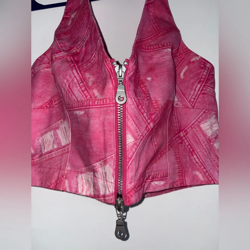 THE RAGGED PRIEST Pink DENIM HALTER NECK TOP size 12 New with tags - Image 2