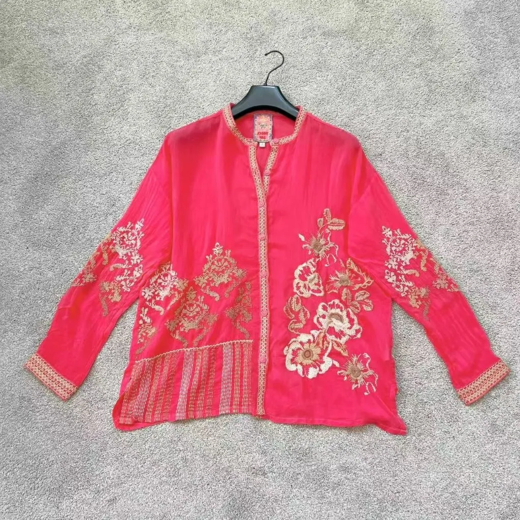 $328 NWOT Johnny Was AUDREY MANDARIN Floral Embroidered Blouse Top Size L Pink - Image 2