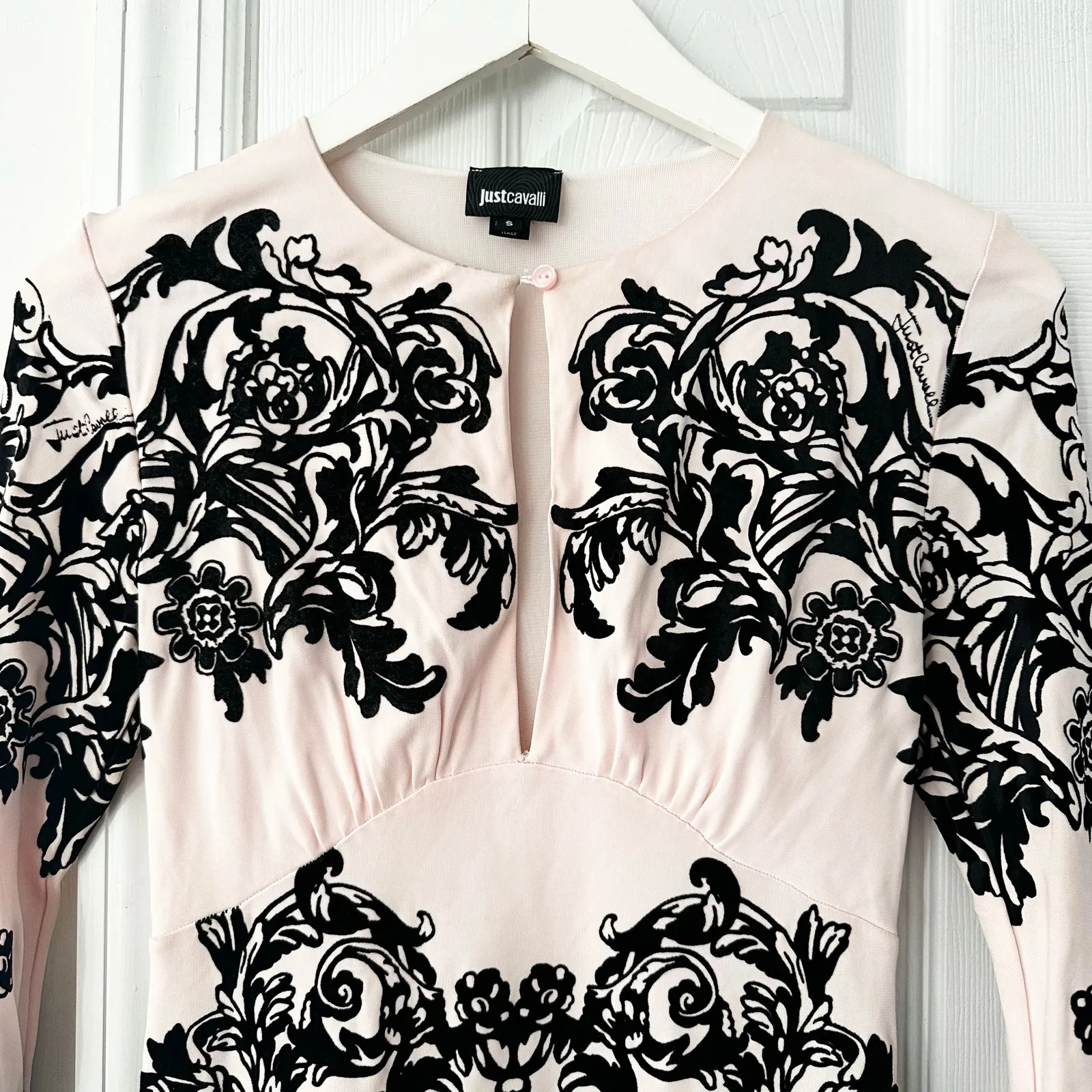 Just Cavalli Blush Pink Black Velvet Baroque Scroll Design Bodycon Keyhole Dress - Image 6