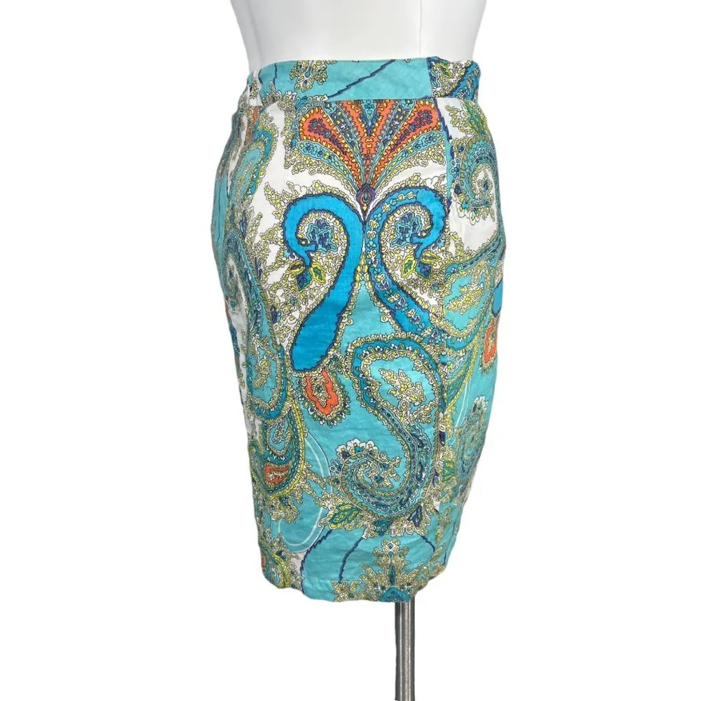 Sunny Leigh  Womens Paisley Print Tulip Hem Pleated Linen Skirt Teal Size 10 EUC - Image 4