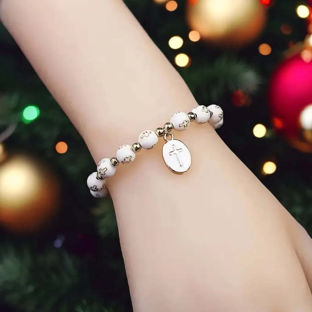 White Stylish Elastic Beaded Cross Charm Bracelet Enamel‎ Oval Cross Bead Accent - Image 6