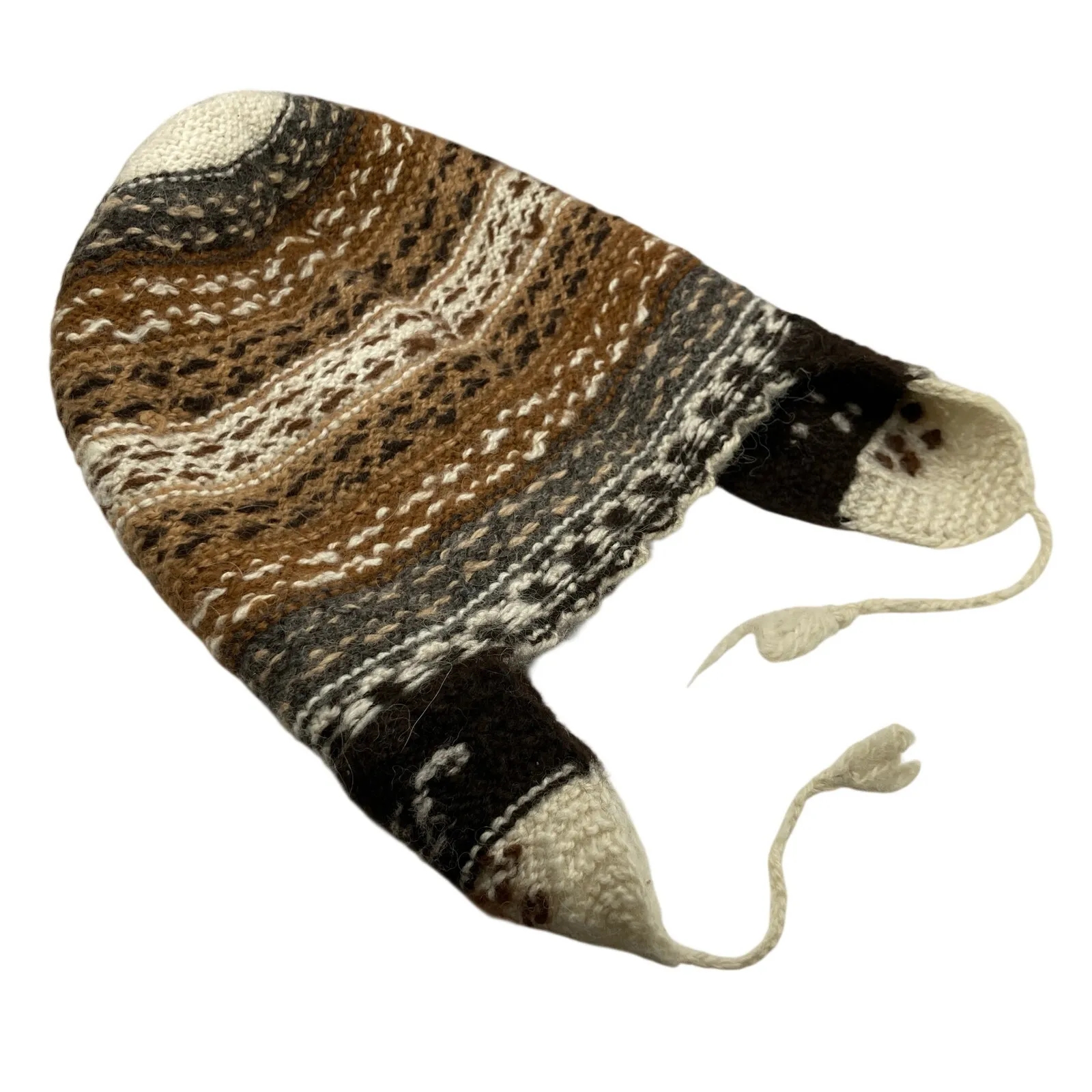 Handmade Brown Stripe Dot Knit Chullo Earflap Hat Adult S/M Folk Artisan Peru - Image 5