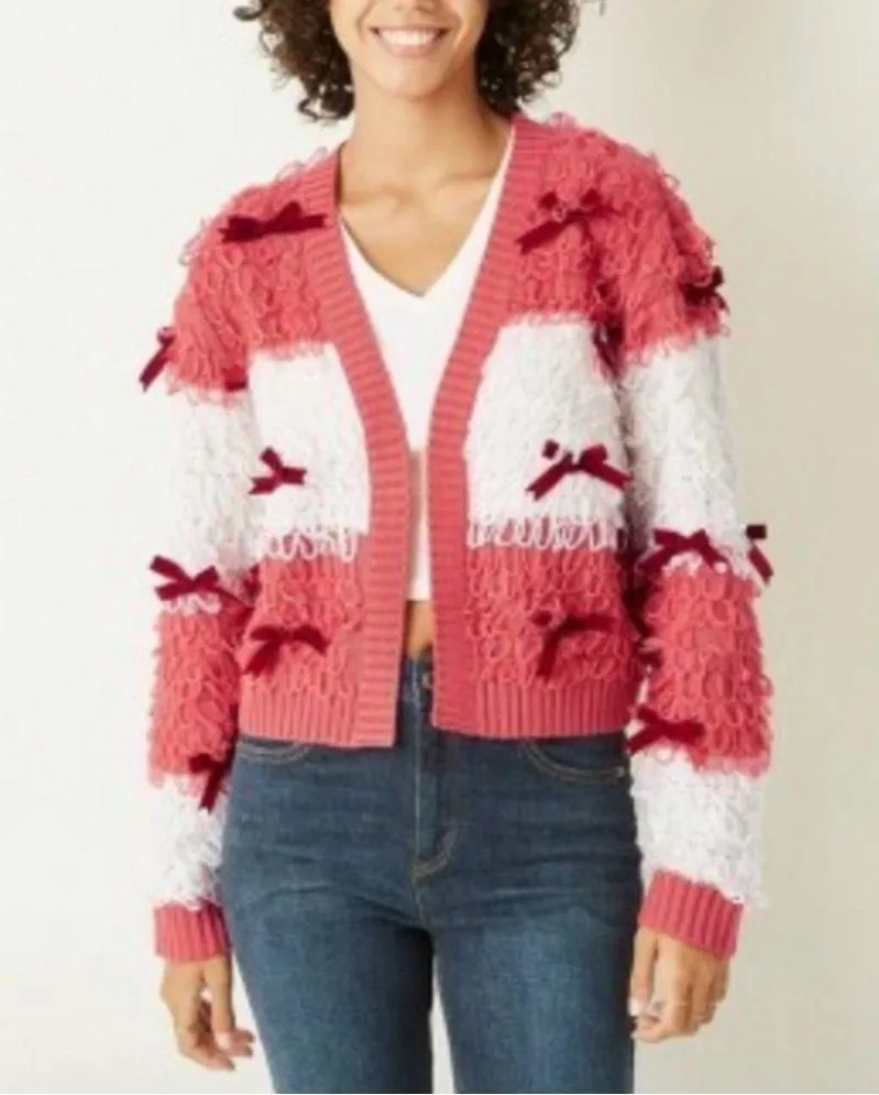 Mighty Fine Bow Loop Stripe Cardigan Sweater Size L - Image 2