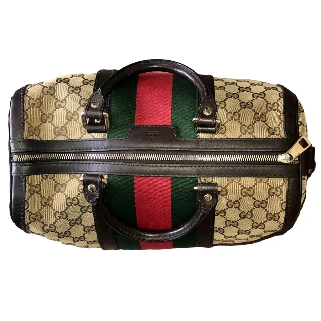 GUCCI GG Beige and Brown Boston Duffel Bag with Red and Green Sherryline Stripes - Image 3