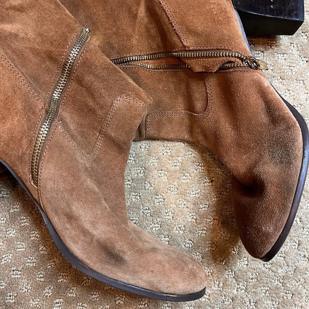 Michael Kors Camel Brown Suede Knee High Boot Round Toe Block Heel SZ 10 Buckle - Image 6