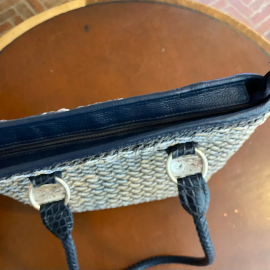 Brighton Eva Straw Leather Tote Bag Navy Blue Shabby Chic Old Money classic - Image 7