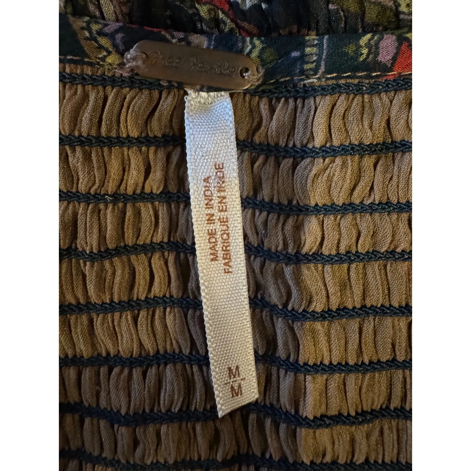 Free People Shirt Women Medium‎ Tan Green Floral Peplum Hem Top Cottage Bohemian - Image 8