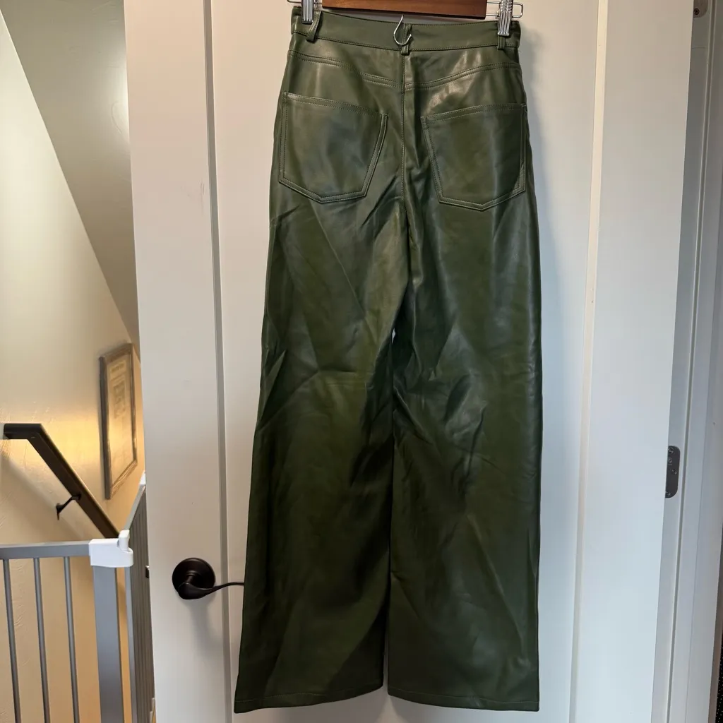Urban Outfitters Faux Leather Wide Leg Green Pant Olive Army Hunter‎ High Waist - Image 6