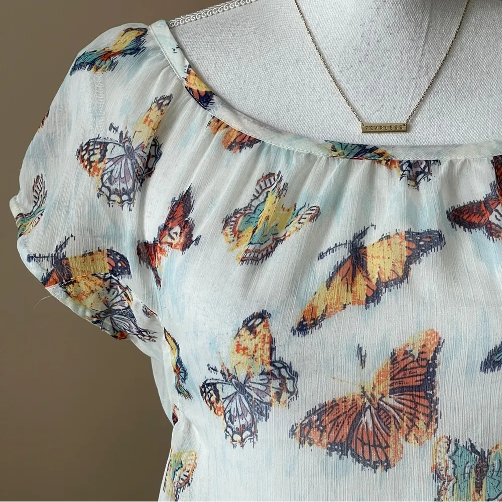 MUDD | Sheer White Butterfly Print Blouse Sz S - Image 2