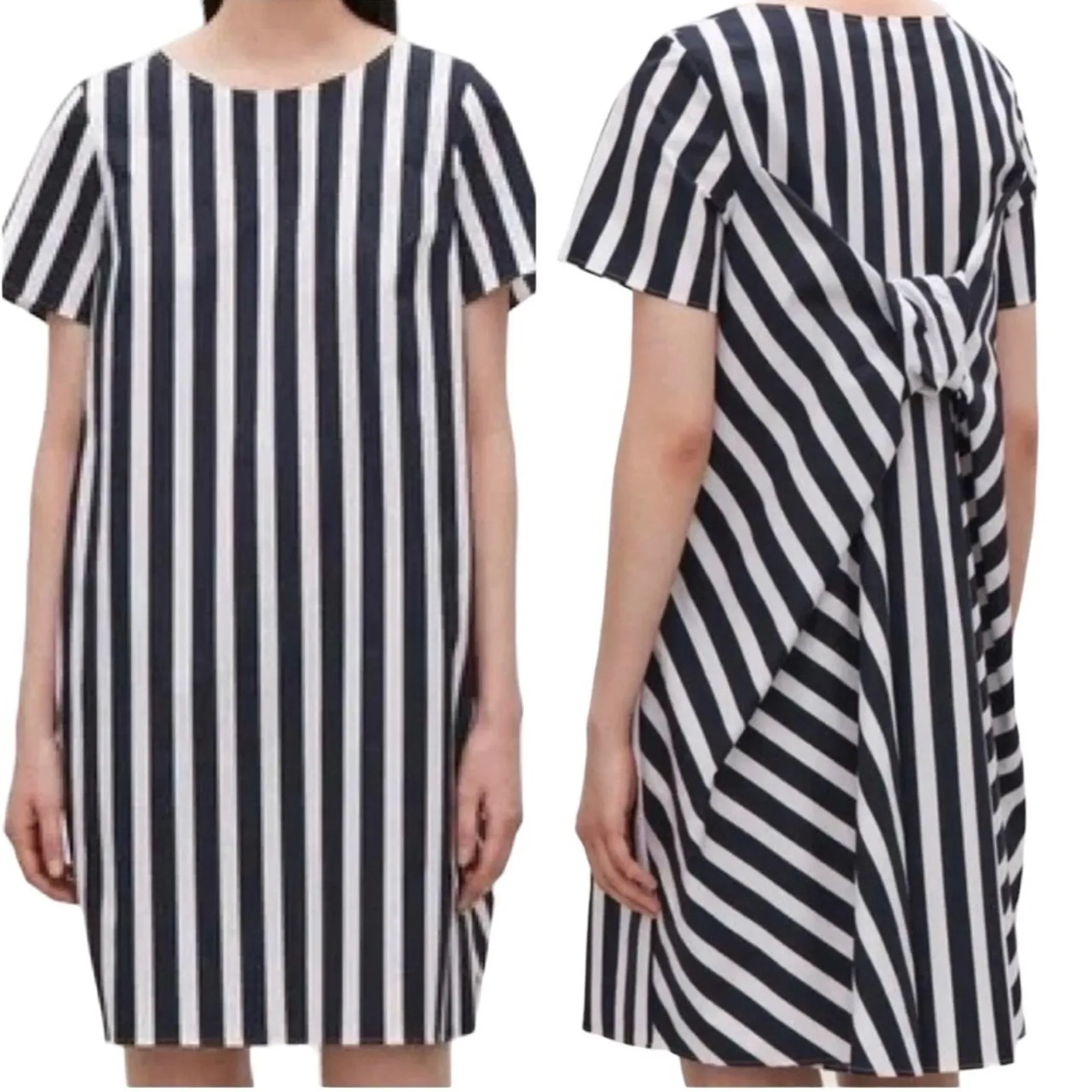 COS Mini Dress Navy Blue & White Stripe Cotton Short Sleeve - Image 2
