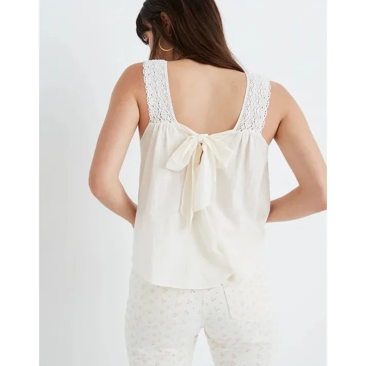 Madewell‎ Womens Top Size S Sleeveless Cream Square Neck Crochet Back Tie Cotton - Image 2