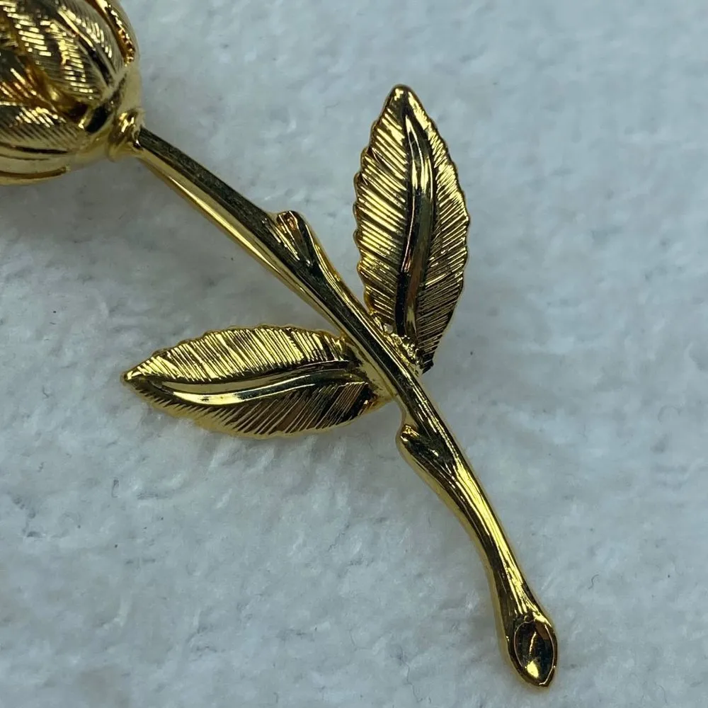 Gold Tone Long Stem Bud Rose Pin Brooch Leaves Stem Flower Vintage - Image 3