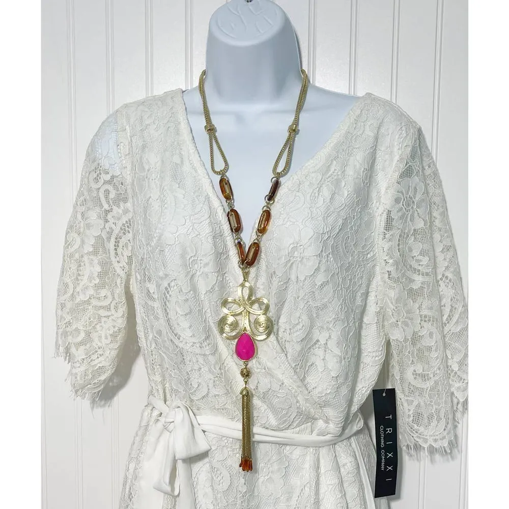 Lilly Pulitzer Boho Lariat Necklace Gold‎ Tone Chain Pink Stone Tassel Pendant - Image 11