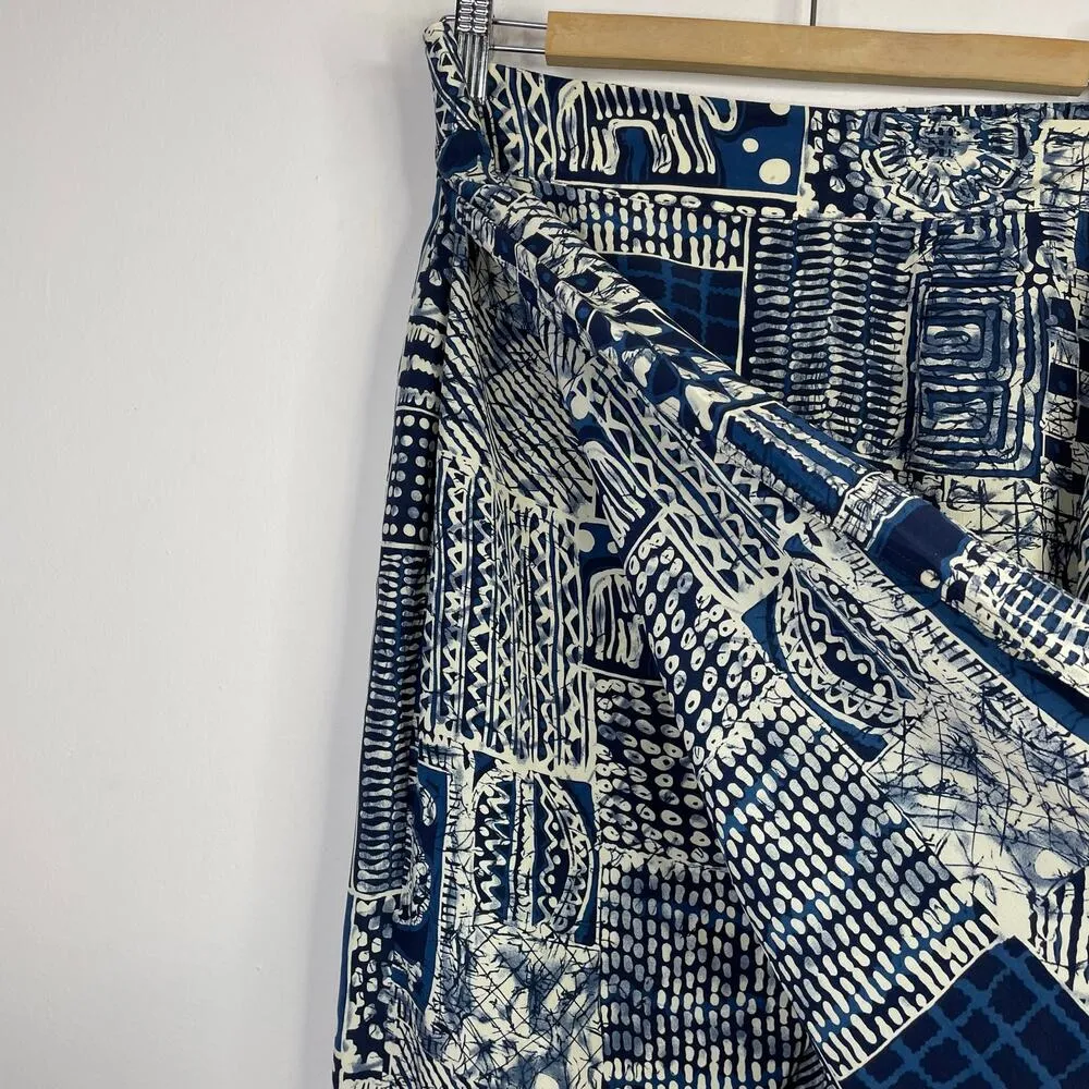 Vintage Silk Faux Wrap midi Skirt Blue Tribal Batik Artsy Tie Dye Patchwork L Size L - Image 2