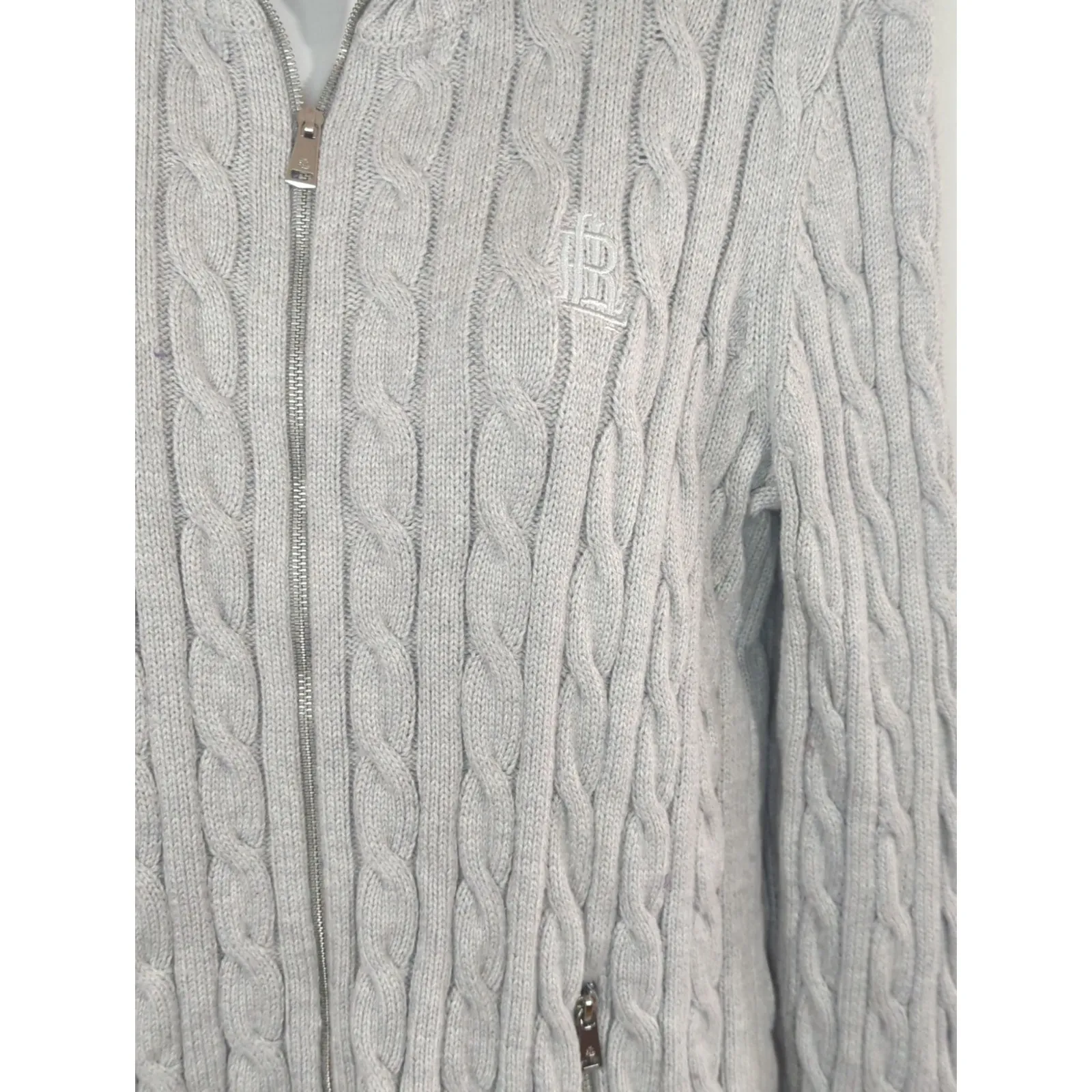 Lauren Ralph Lauren Light Gray Cable Knit Zip Up Sweater Womens MED CabinCore - Image 2