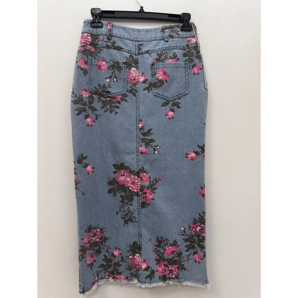 Floral Print Cropped Top Crisscross Waist Thigh-high Slit Jeans Skirt Size S/M - Image 2