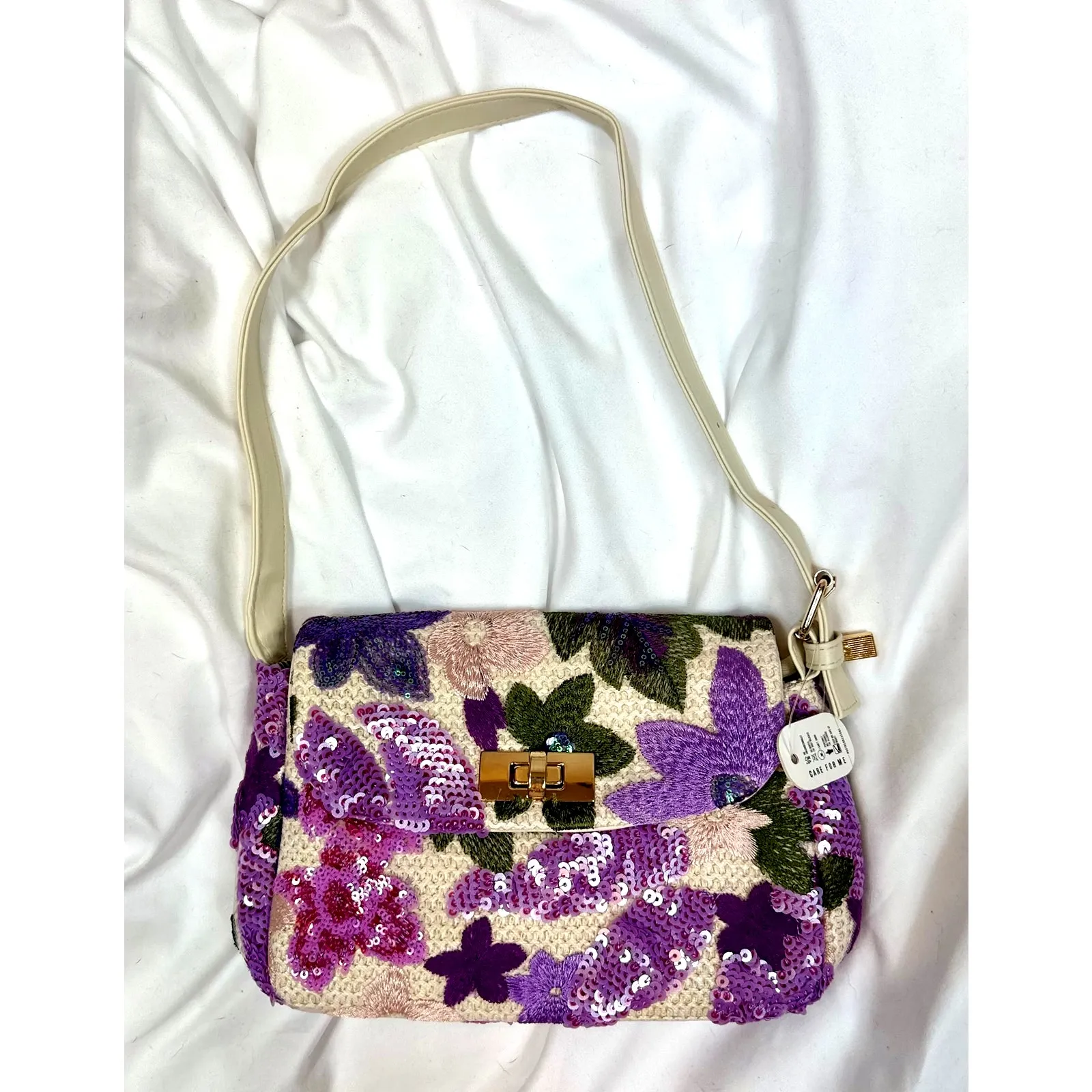 8 Other Reasons Floral Sequined Clutch/Shoulder Bag Purple Pink Green - Image 15