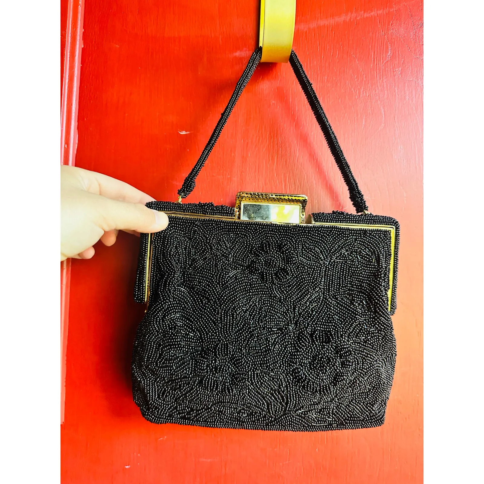 Vintage 70s/80s Black Beaded Embroidered Clutch Closure Beaded Handled Handbag - Image 1