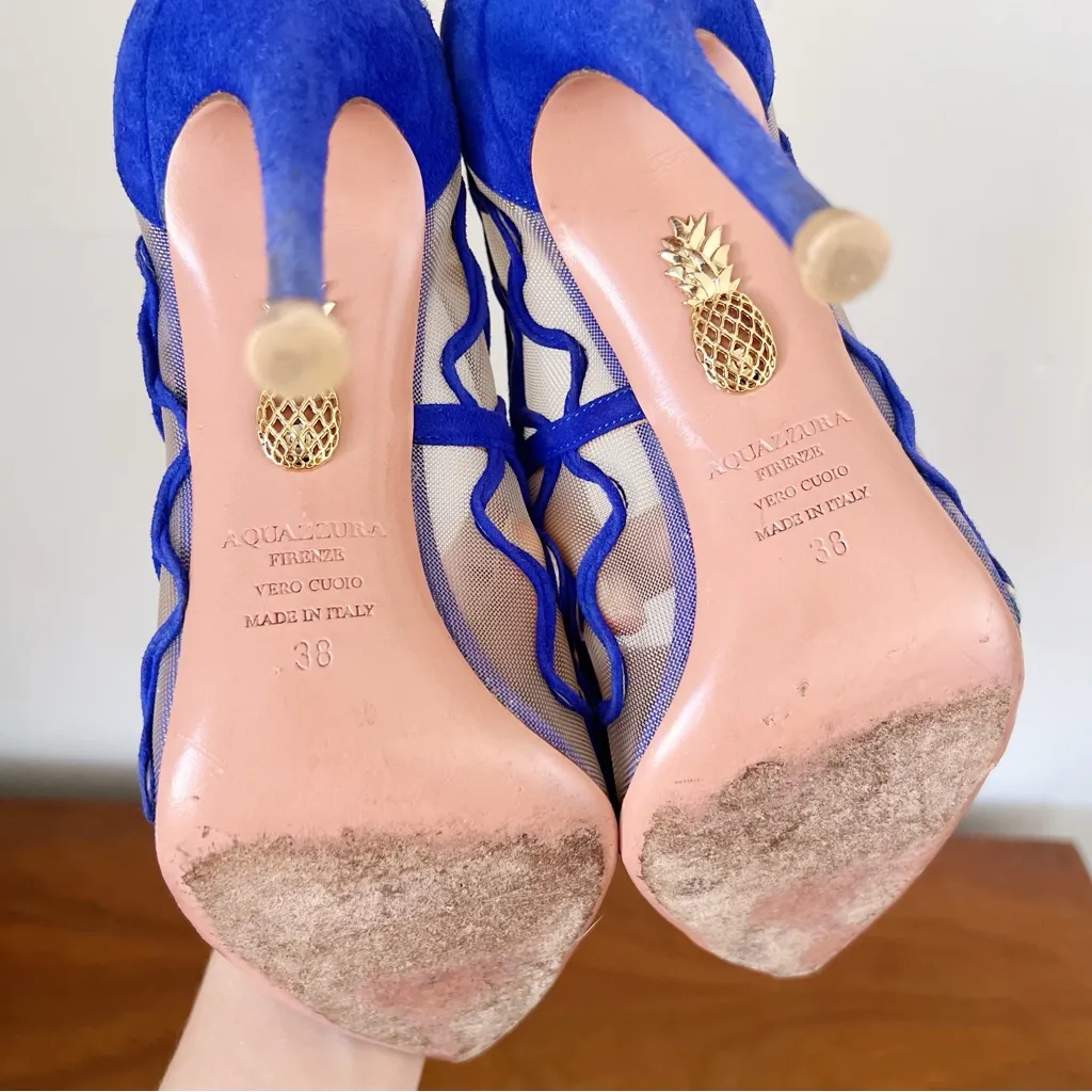 Aquazzura • Kai Suede Heels point toe cut out stiletto mesh royal blue Size 7 - Image 9