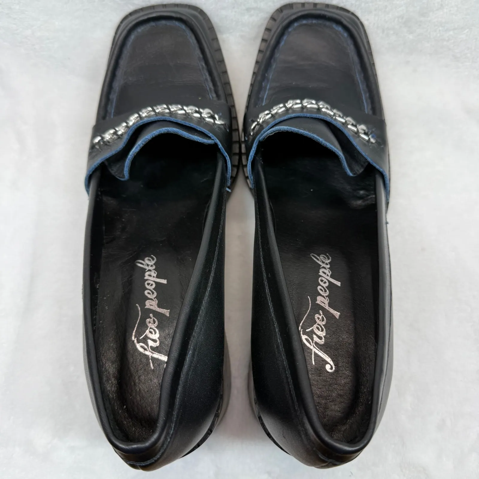 Free People Hayden Black Leather Heeled Loafers Chain Accent Size‎ 41 US 10 - Image 7