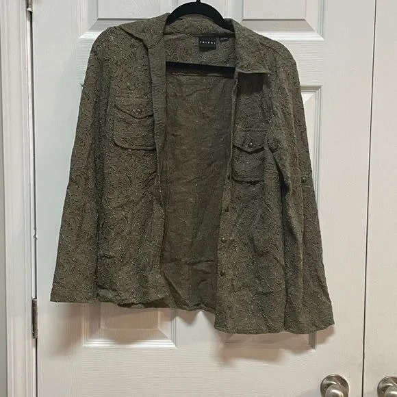 Tribal Lace Floral Jacquard Button Down Blouse Olive Green Long Sleeve Top Small - Image 2