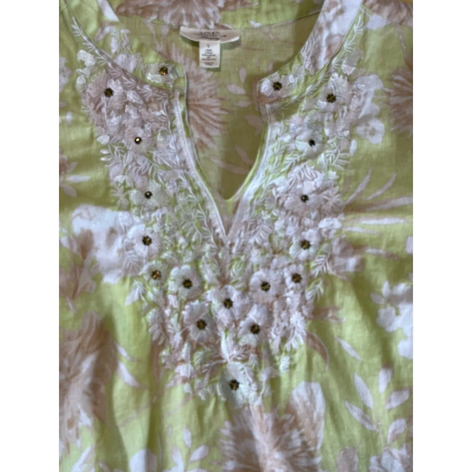 Charter Club Luxury Linen Tunic Top Size L Chartreuse Floral Embellished - Image 7