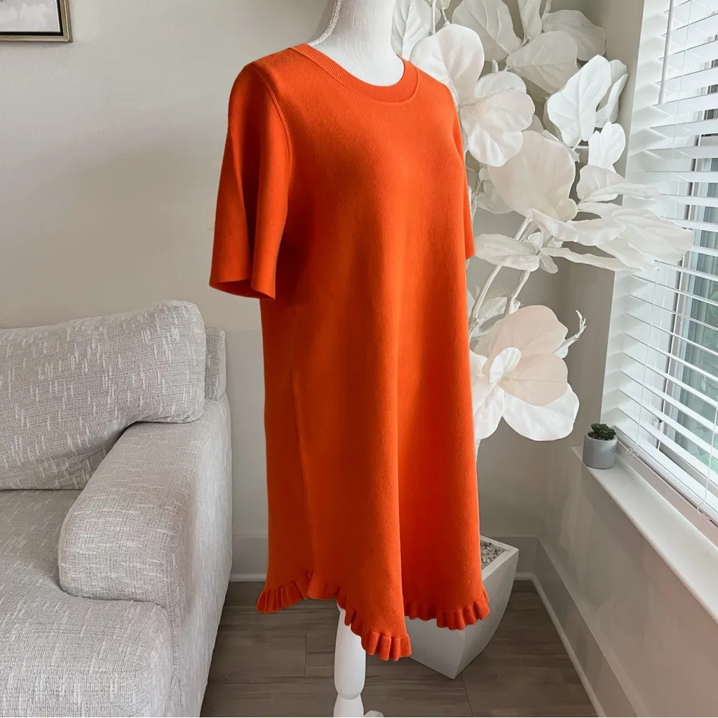 See By Chloe Orange Stretch Knit Ruffle Trimmed Short Sleeve Midi Dress - Image 3