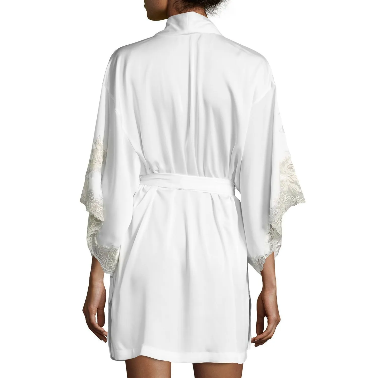 NWT New Designer Natori Short Wrap Robe Womens L Silky Satin Flowers White Lace - Image 5