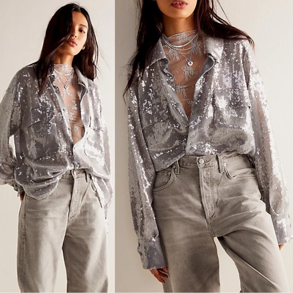 Free People Disco Margarita Button Down Shirt Size Small 70s Shimmer Sparkle - Image 2
