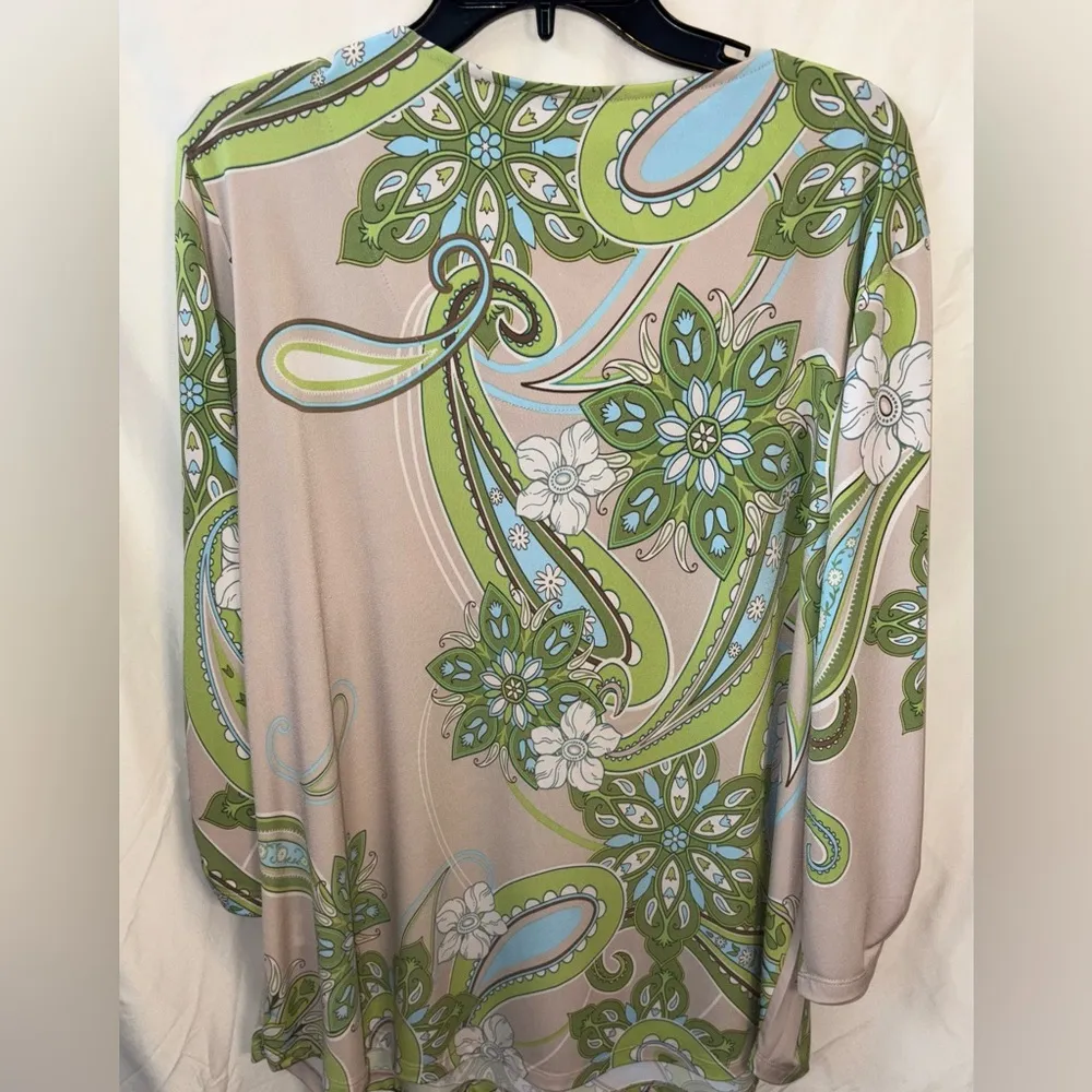 NWT Allison Daley Embellished Neck 3/4 Sleeve Paisley Green/Blue/Tan Size 2X Top - Image 6