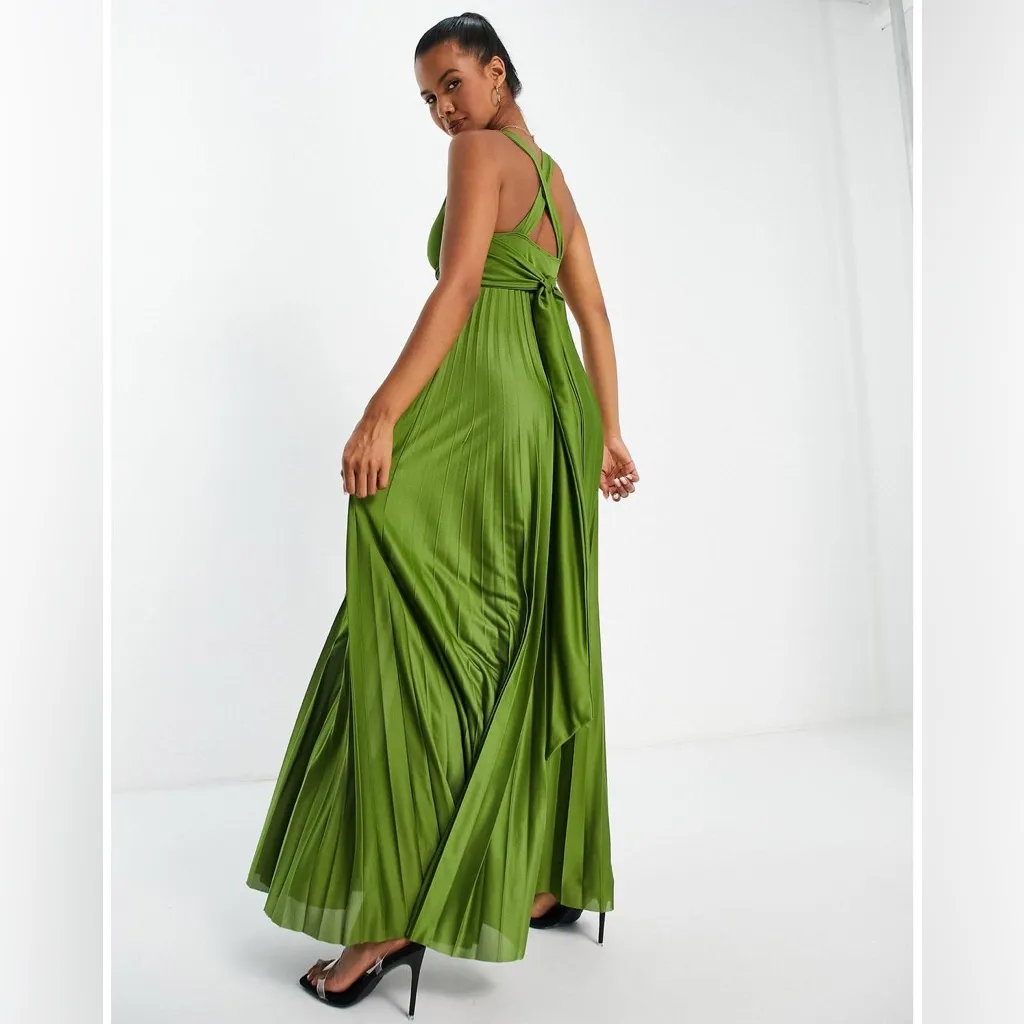 ASOS Plunge Halter Cross Back Tie Pleated Maxi Dress Olive Green Stretchy Sz 10 - Image 4