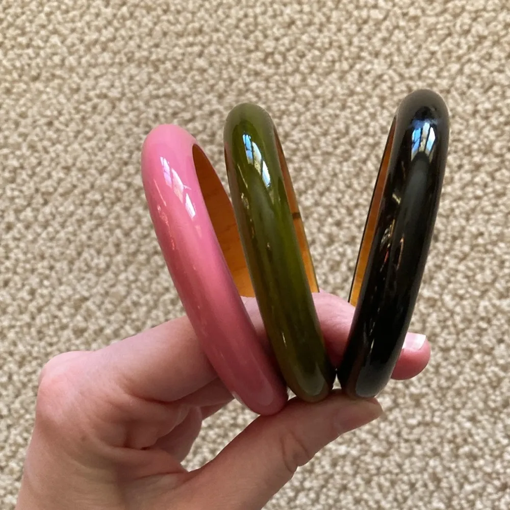 Boho Wood Bangles Set of Three Colorful Glossy Pink Green Black Large Fun - Image 4