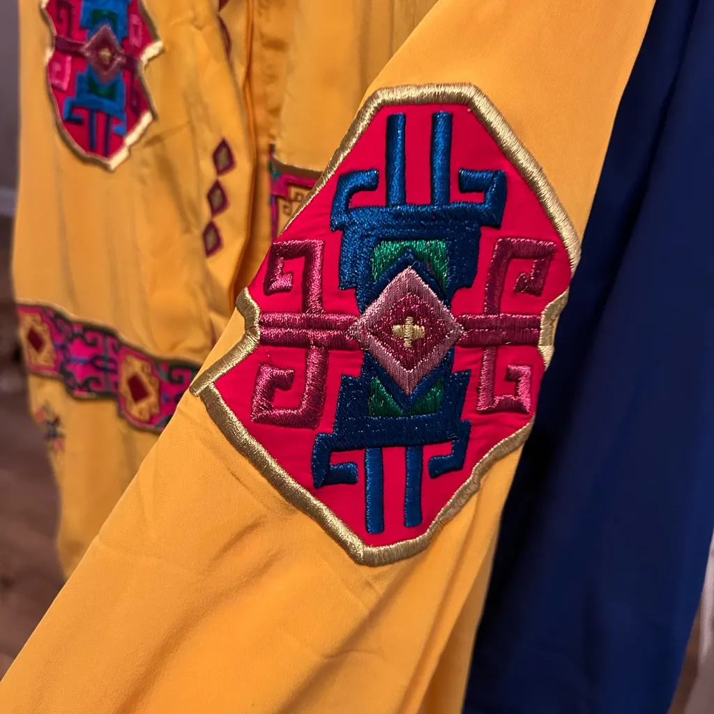 Rare Vintage 90s Adrianna Papell  Silk Jacket –Yellow + Navajo Embroidery – M - Image 9