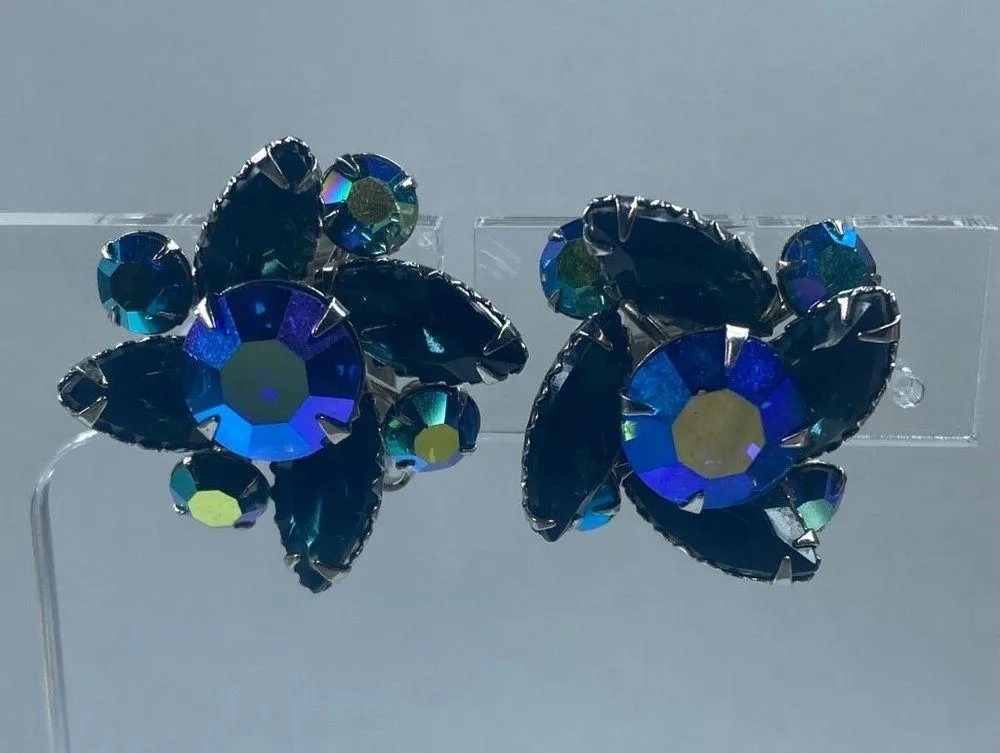 Shades of Blue Vintage Earrings Clipon Aurora Borealis Marquise Round Rhinestone - Image 3