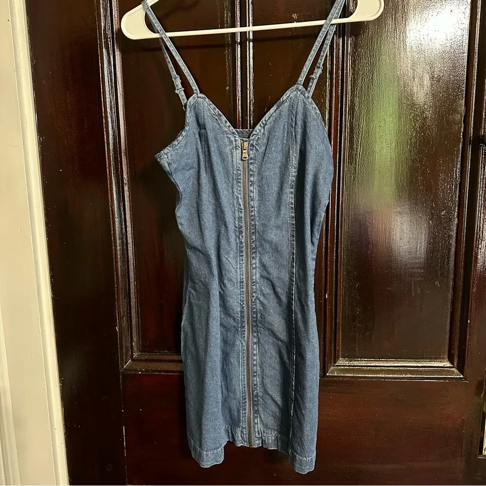 NASTY Gal Zip Through Strappy Blue Denim Mini Dress - Image 2