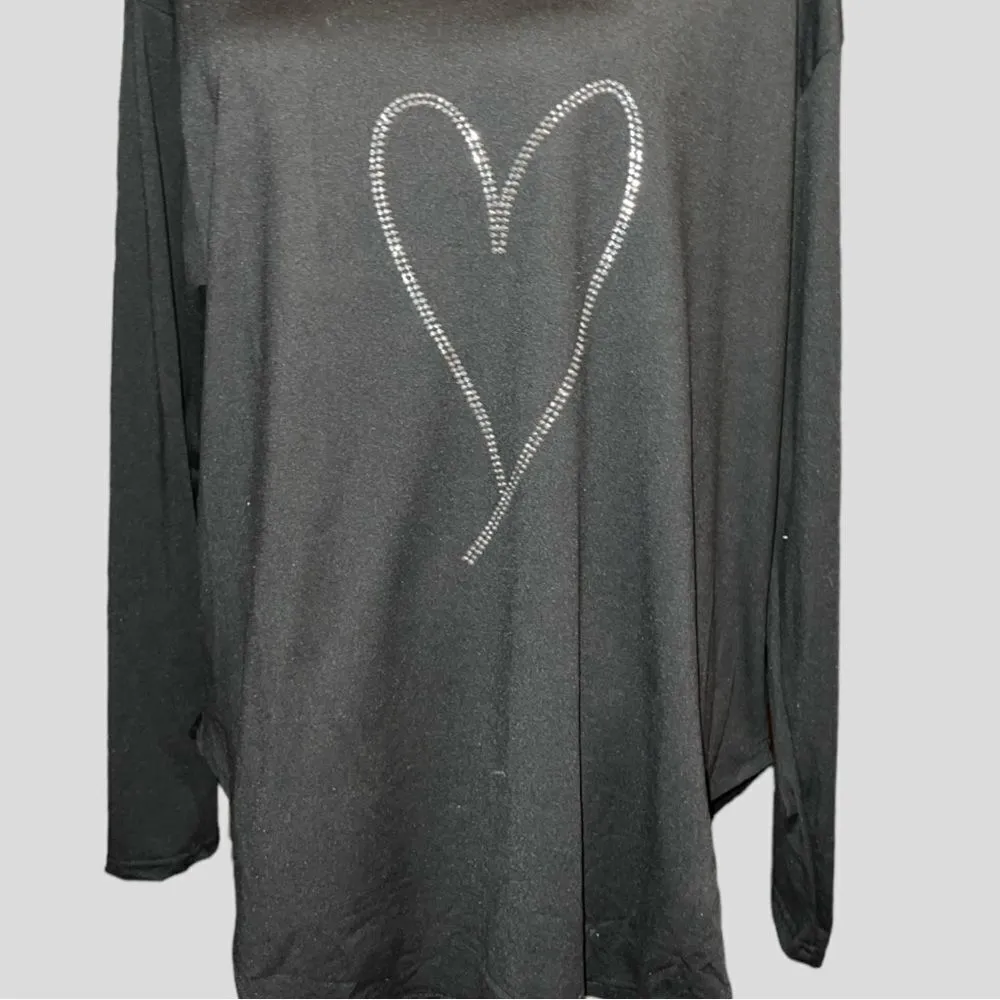 Black long sleeved lightweight top with pretty rhinestone heart shaped design! Size XXL - Image 2