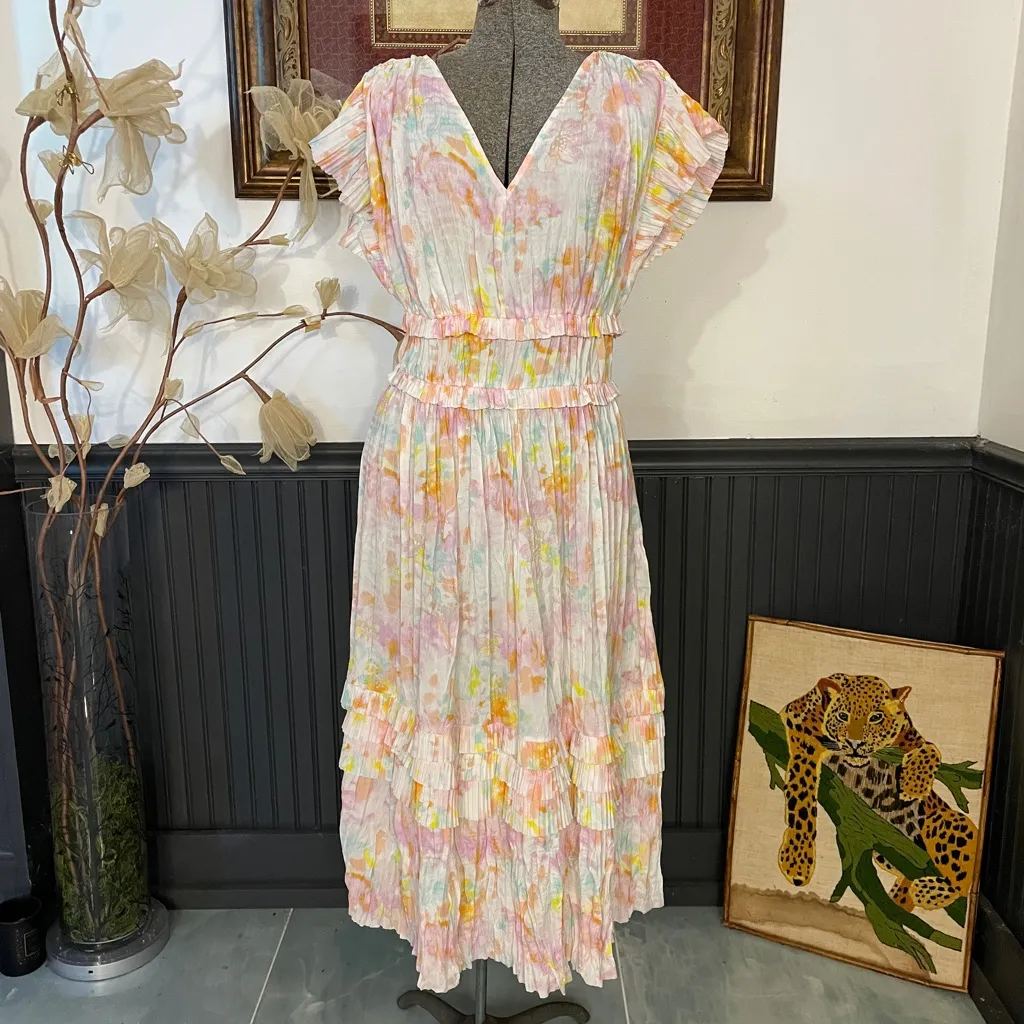 Current Air Anthropologie Sereia Shirred Pleated Watercolor Midi Dress Sz S 🧡🎀 - Image 4