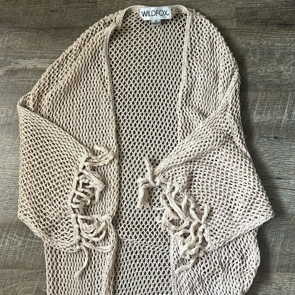 Wildfox Cream Sand Kelso Fringe Sleeve Crochet Long Cardigan Size Small - Image 3