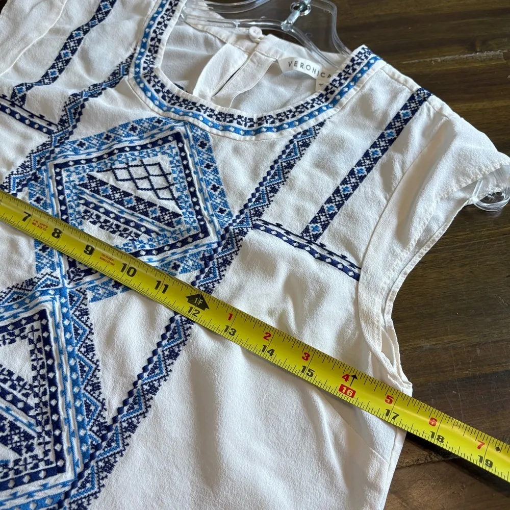 Veronica Beard Baja Flutter Cap Sleeve Top Silk Embroidered Boho Cream Blue 2 - Image 8