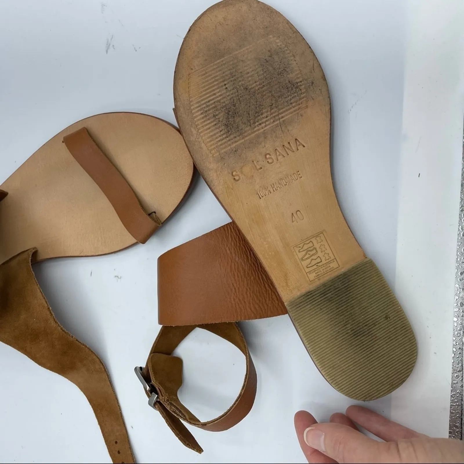 Revolve Sol Sana Tan Leather Minimalist Sandals Womens 40 Strappy Flats Beachy - Image 4