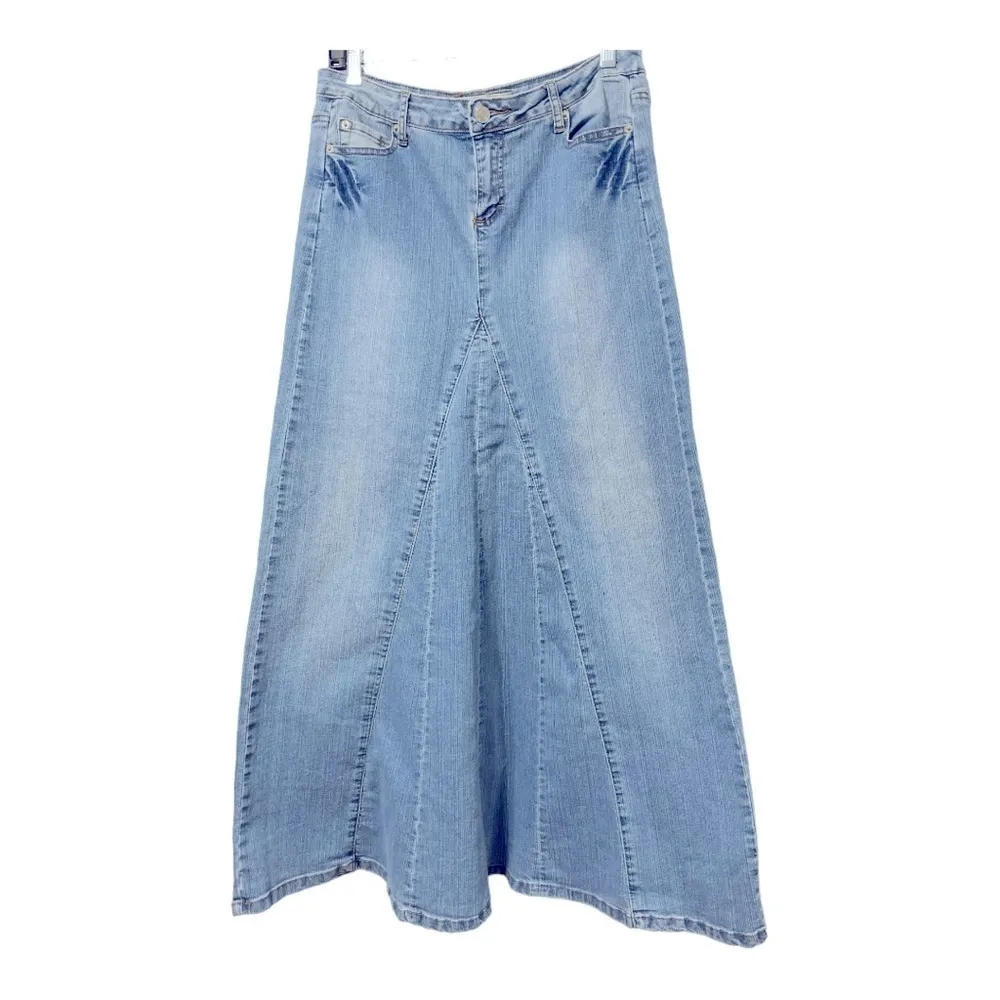 VTG Route 66 Original Clothing Co Denim Maxi Skirt 5/6 Light Wash Flared Panel - Image 2