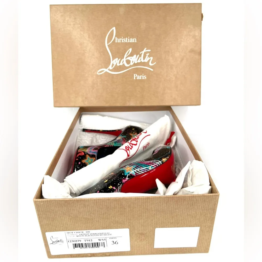 CHRISTIAN LOUBOUTIN Hot Chick 100mm Patent Starlight Heel Neon Pumps Siz… - Image 2