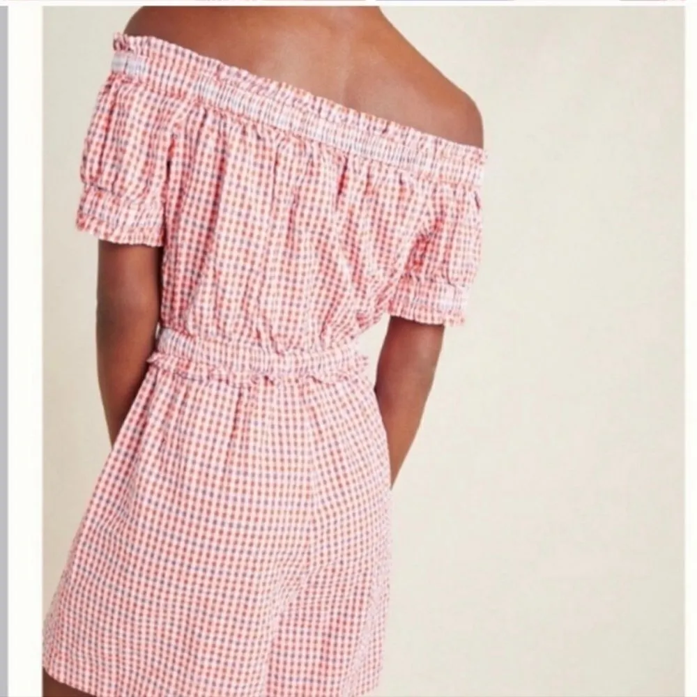 Anthropologie Gingham Off the Shoulder Seersucker Romper Size Medium - Image 3