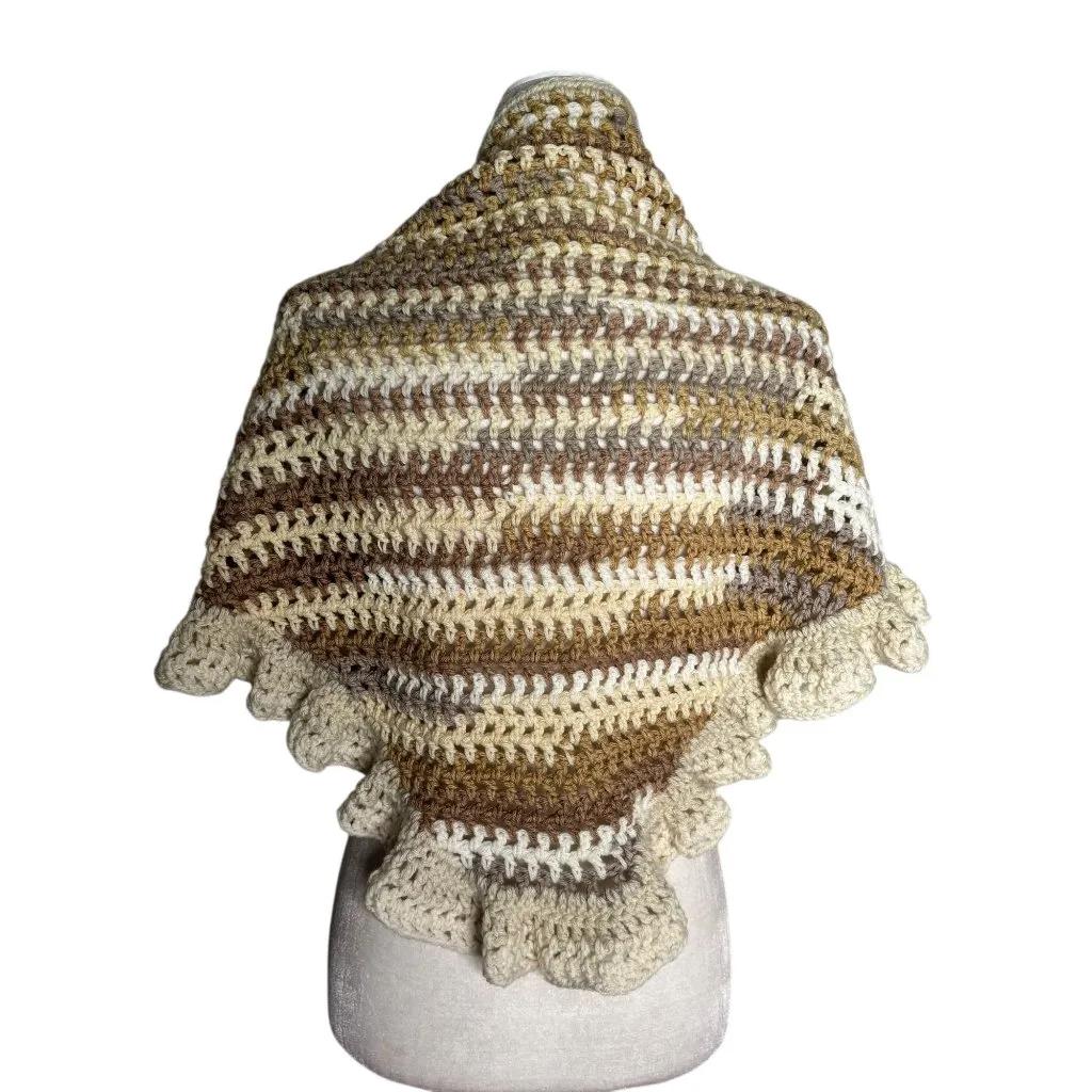 Handmade Beige Brown Cream Crochet Knit Shawl Wrap With Ruffled Edges Soft NEW - Image 4